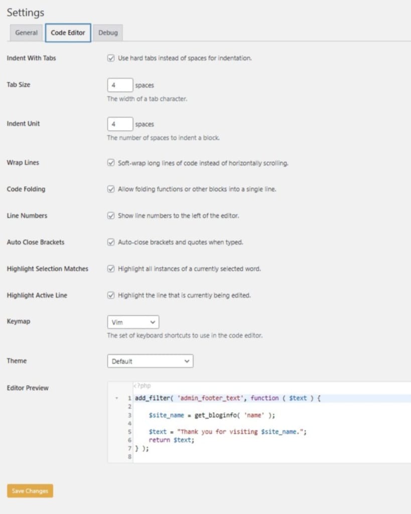 code editor settings of code snippets pro