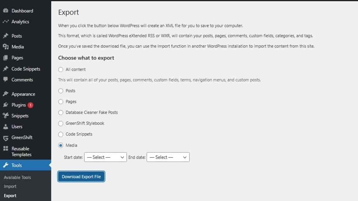 default wp export of media database records with no image files