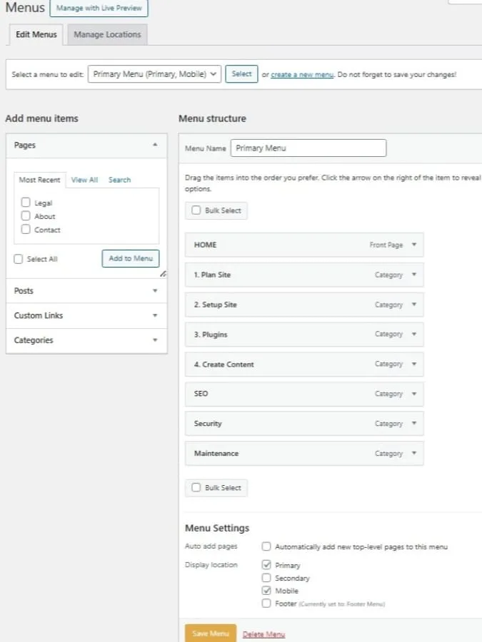 navigation pages to edit primary menu navigation pages to edit primary menu