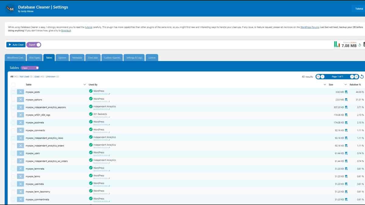 preparing to delete excess tables in database cleaner pro