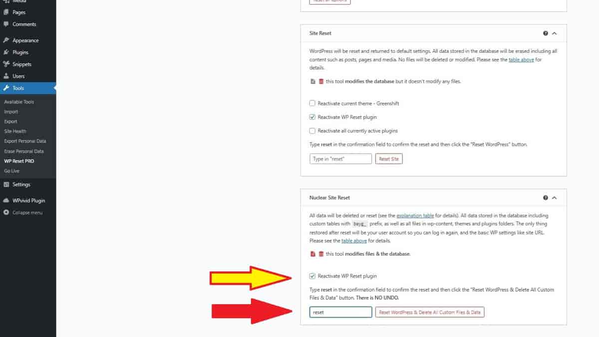 using wp reset plugin for a nuclear site reset